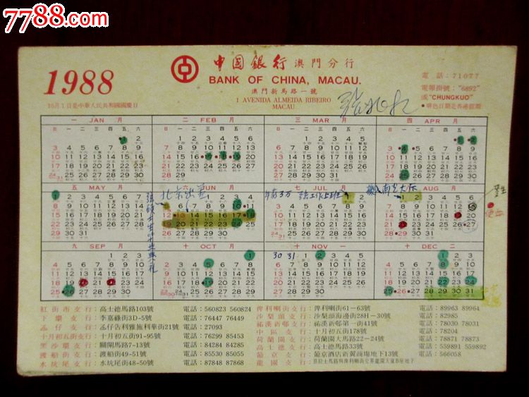 1988年中国银行澳门分行年历卡-八仙祝寿图(背有字)