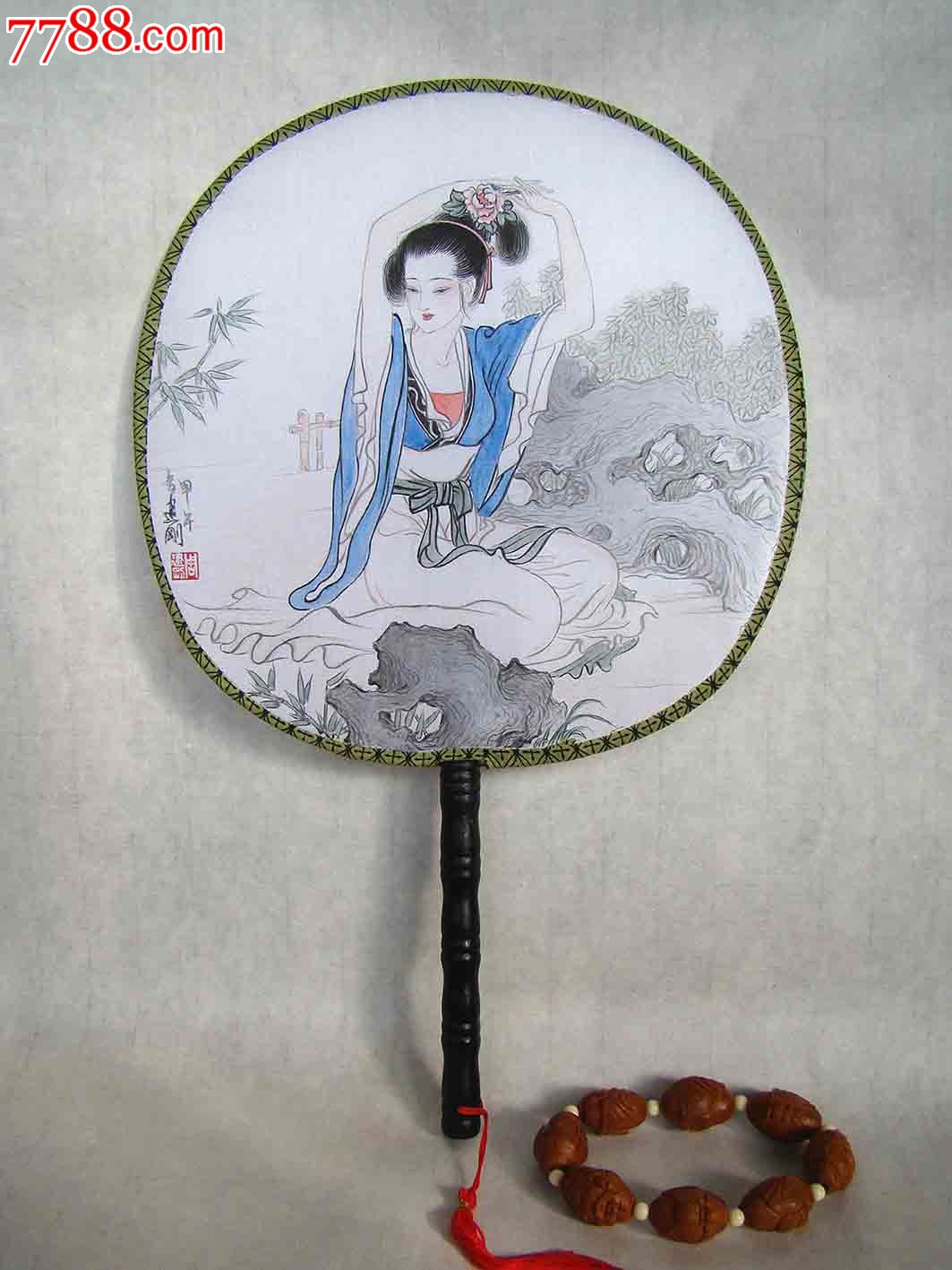 团扇摘花仕女图手绘水墨画真迹周建刚画-价格:300元-se23055345-人物