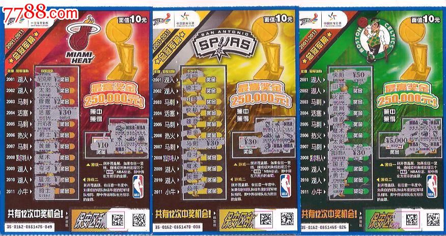 体彩.1120162.NBA总冠军榜.[6全].中奖票-价格