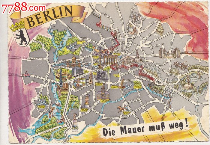 外国原版明信片德国柏林绘画地图实寄片_明信