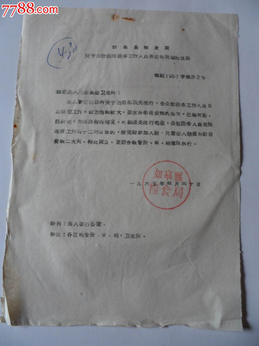 如皋县粮食局关于公社医院医务工作人员夜餐粮