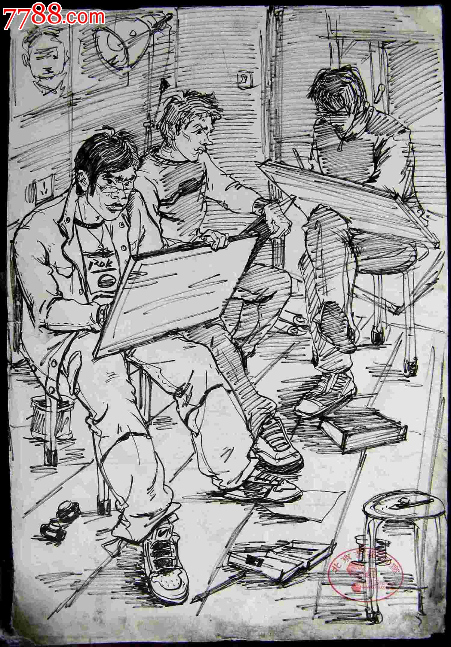素描人物画正在写生的画手图片