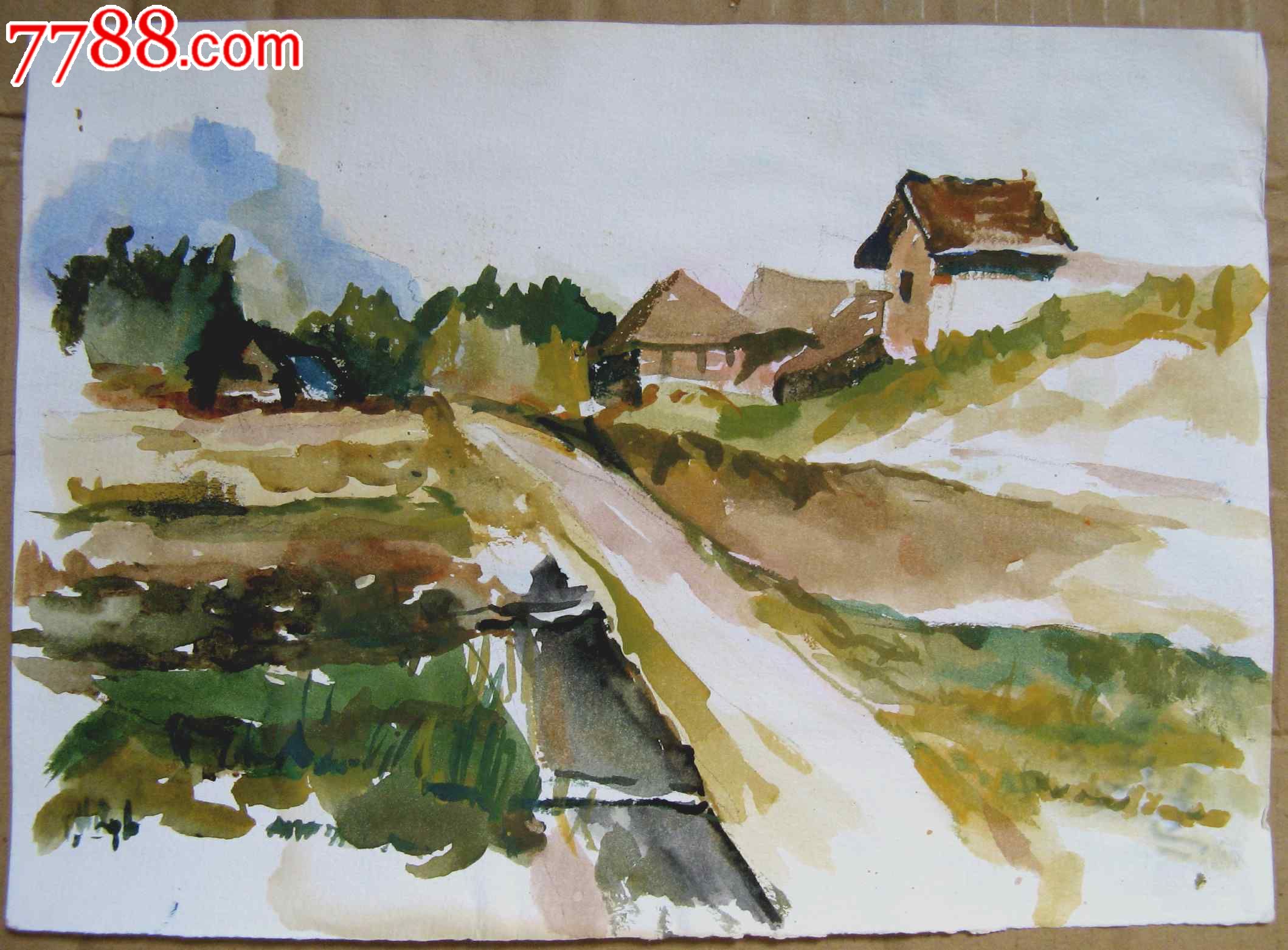 16开风景水彩画三张:田园风光-se24147192-七七八八字画网