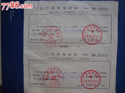 广东省劳动局--农村招收工人录用通知书-se24
