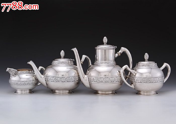 约2510克美国歌尔旱1879年925纯银茶具四件套,西洋古董银器收藏
