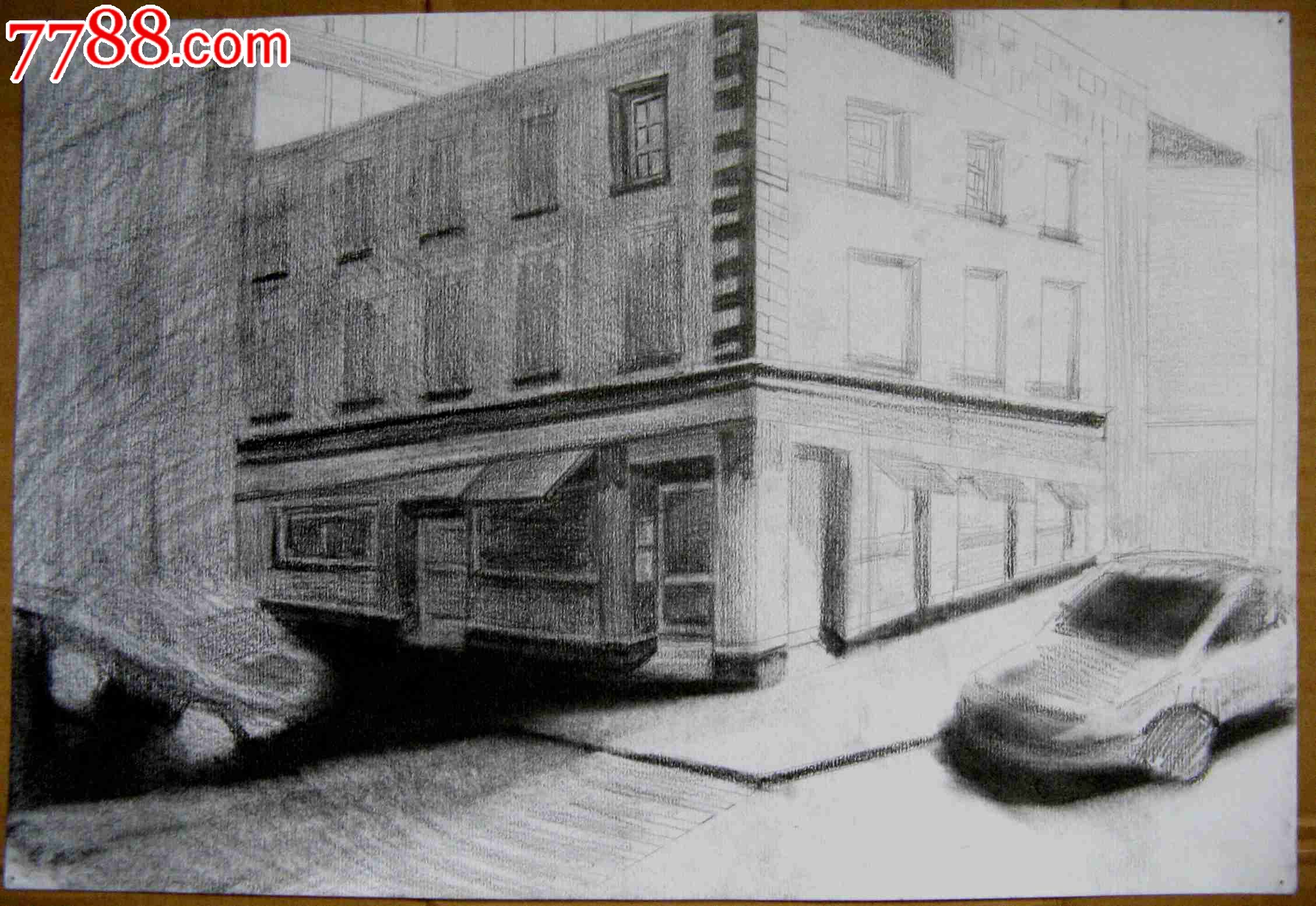 素描景物画2幅:汽车与街道桥梁-se24440342-7788字画网