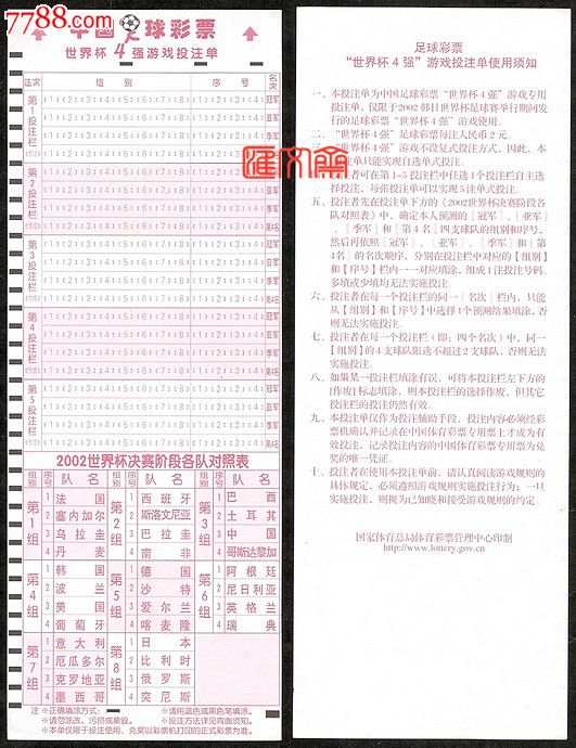 2002年【中国足球彩票】世界杯4强游戏投注单