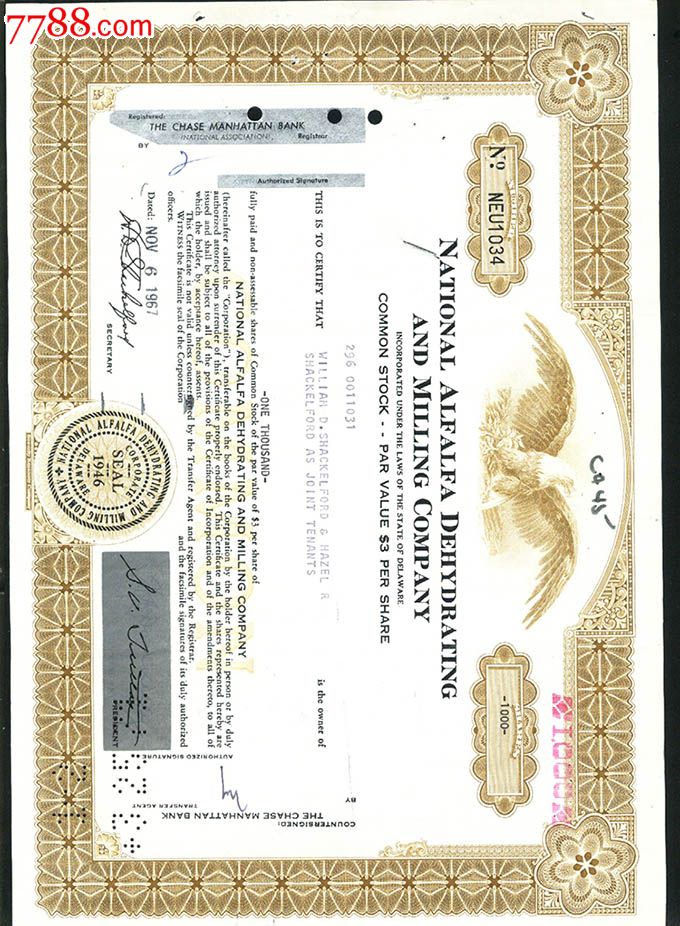 美国1967发行国家alfalfa脱水加工公司股票100