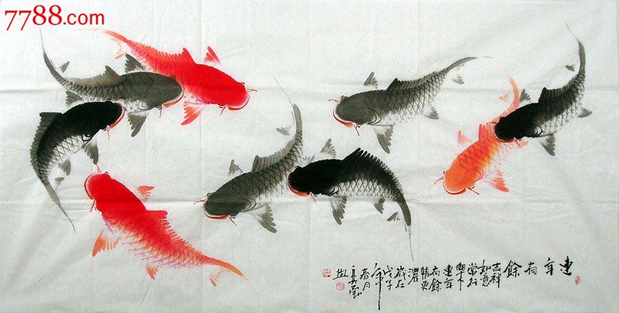 品墨斋★美协会员★何弈勇★栩栩如生★四尺九鲤★吉祥如意图45,花鸟国画原作,虫鱼画原画,水墨\/写意画法,21世纪10年代,四尺138*69,未装裱,宣纸,se19677180,零售,七七八八花鸟画收藏