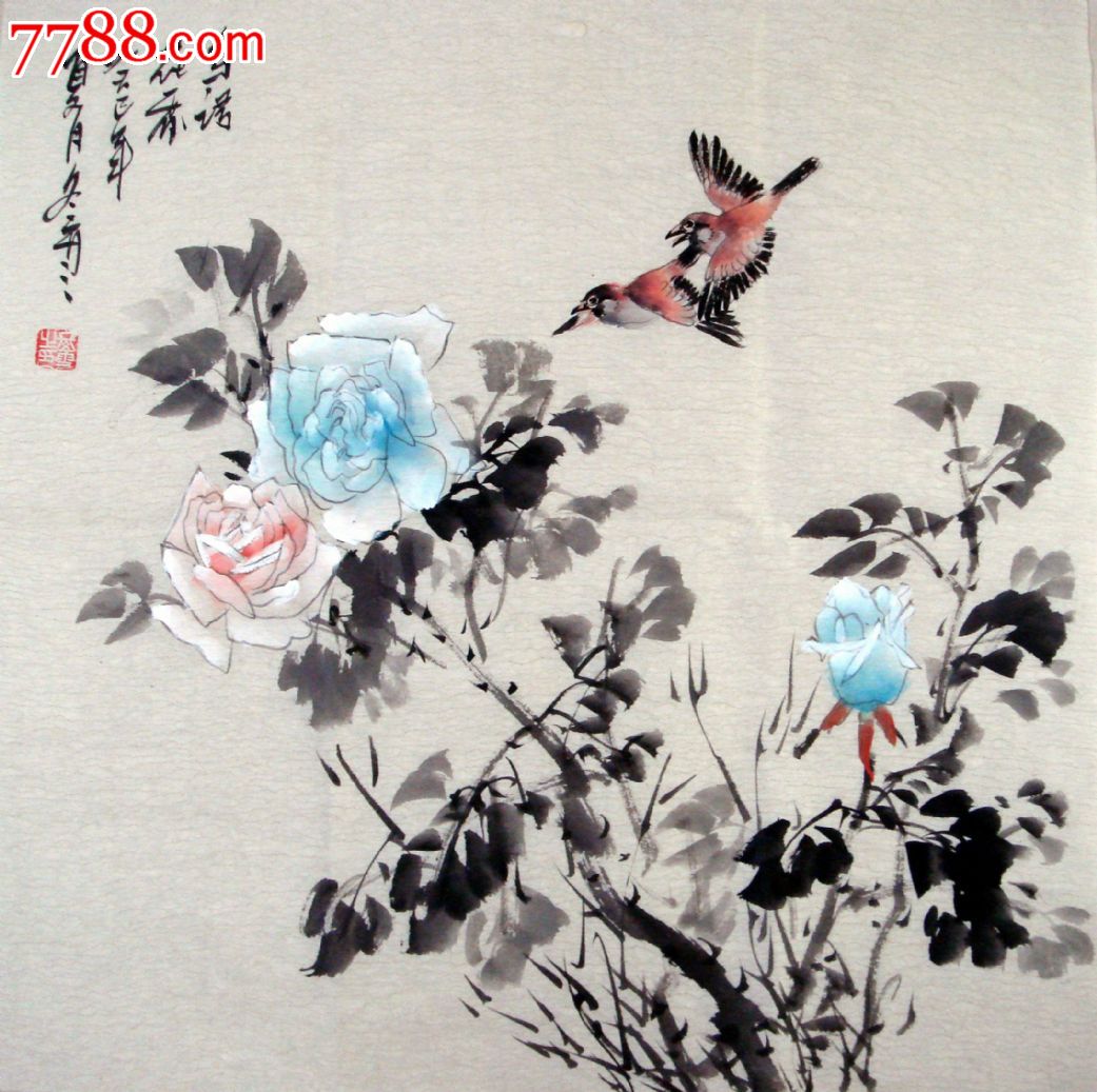 精品四尺斗方手绘花鸟画鸟语花香a004-价格:50元-se20149542-花鸟国画