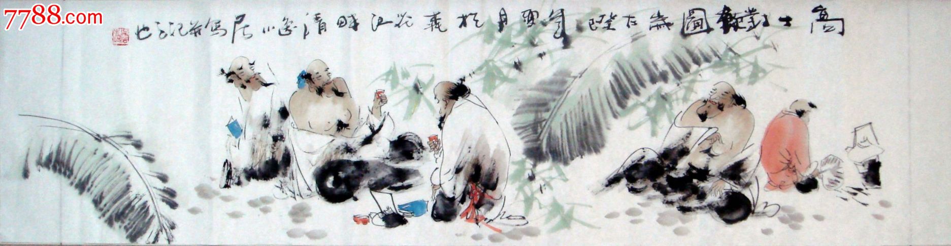 精品手绘四尺对裁高士人物画高士对饮图a051_人物国画原作_第1张_七七