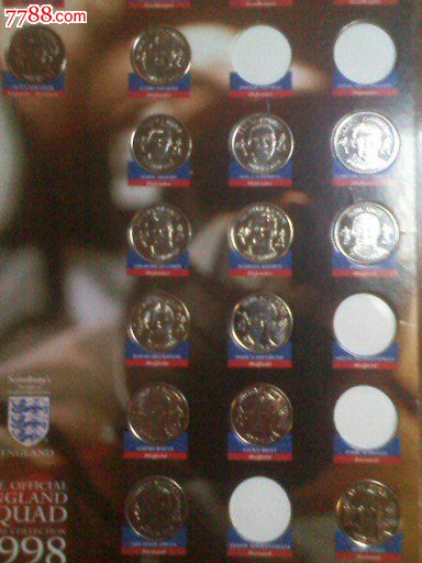 英格兰98足球队员纪念币章册,体育运动徽章,参