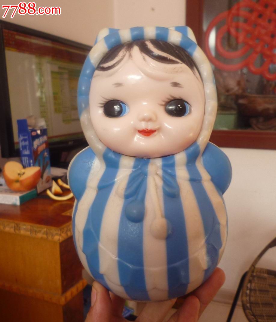 怀旧经典收藏传统蓝色猫儿娃娃脸蓝白条响铃不倒翁