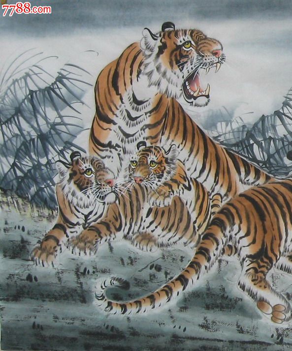 国画手绘水墨老虎画小八尺动物画十二生肖虎五虎