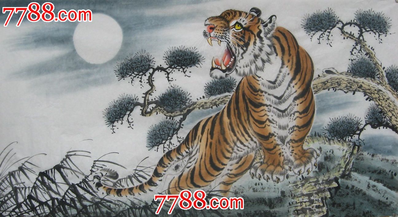 国画动物画手绘六尺国画水墨老虎十二生肖虎五虎_花鸟国画原作_格格藏阁阁【中国收藏热线】