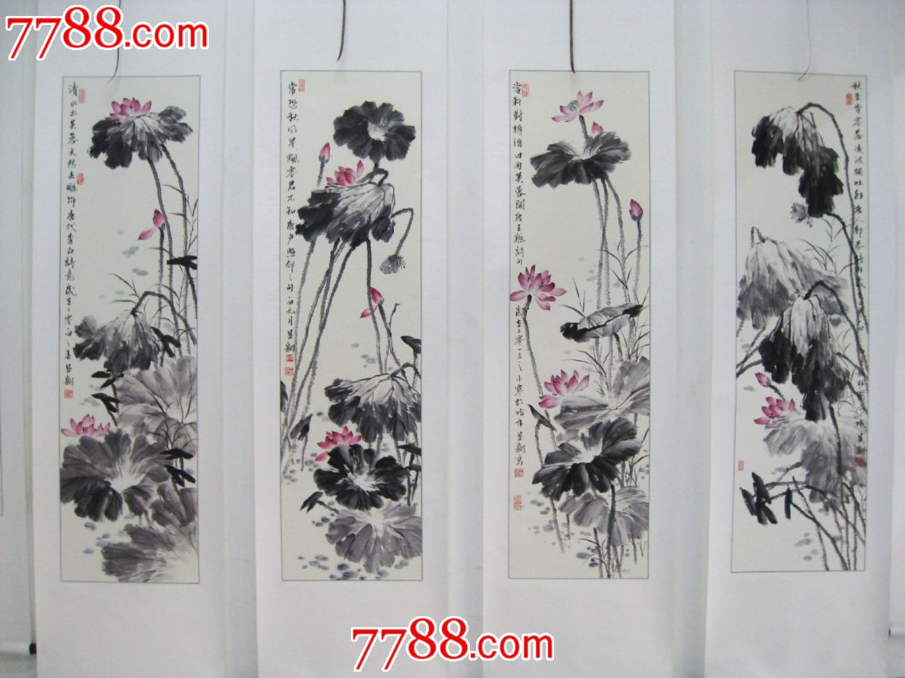 王显翱作品3【唐人诗意四条屏荷花】小130*34已裱轴