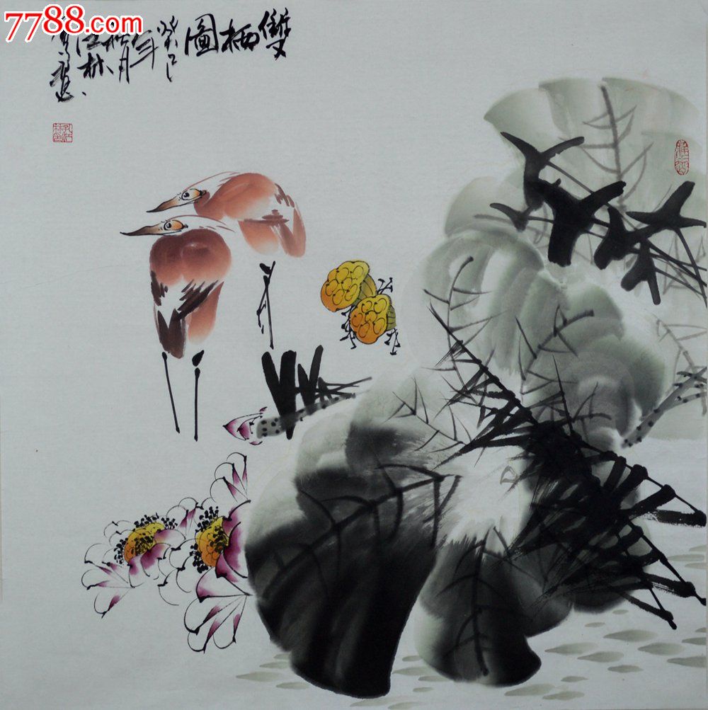 四尺斗方精品写意花鸟画作品《双栖图》hn0974