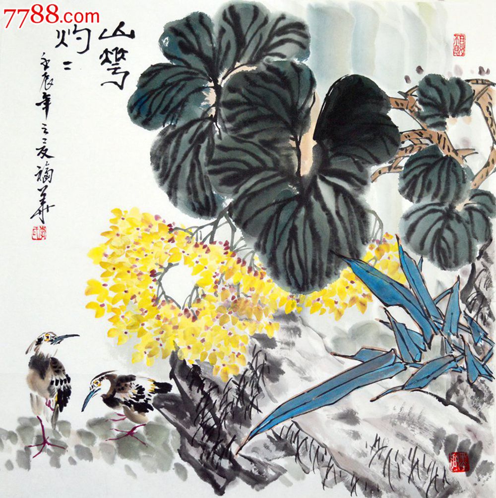 李福华四尺斗花鸟画作品《鸟鸣山更幽》