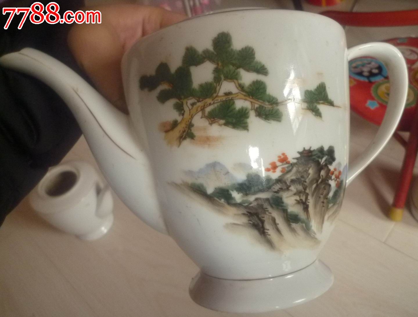 文革手绘迎客松寺庙山水图案银边白瓷茶壶_价格248元_第6张_7788商城