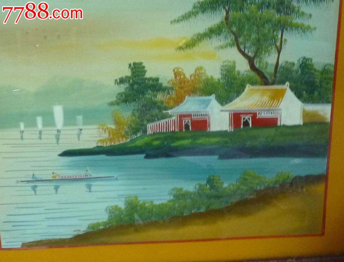 怀旧经典收藏民俗玻璃画江天帆影风景画