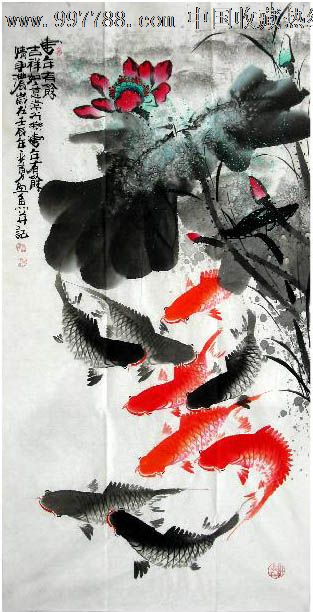 何奕勇·四尺荷花九魚圖,花鳥國畫原作,蟲魚畫原畫,水墨/寫意畫法,21