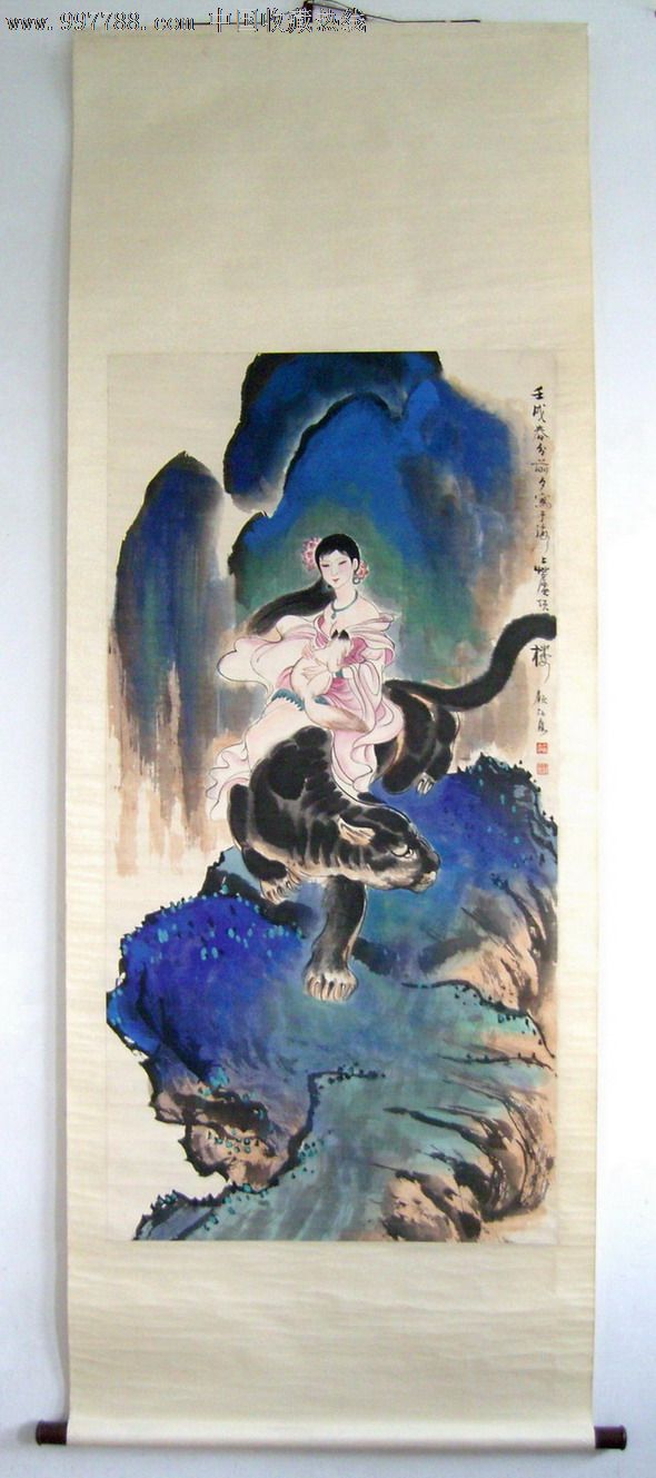 名家字画:(海派书画名家)顾炳鑫(1982年绘)《仕女伏虎图》旧裱立轴.