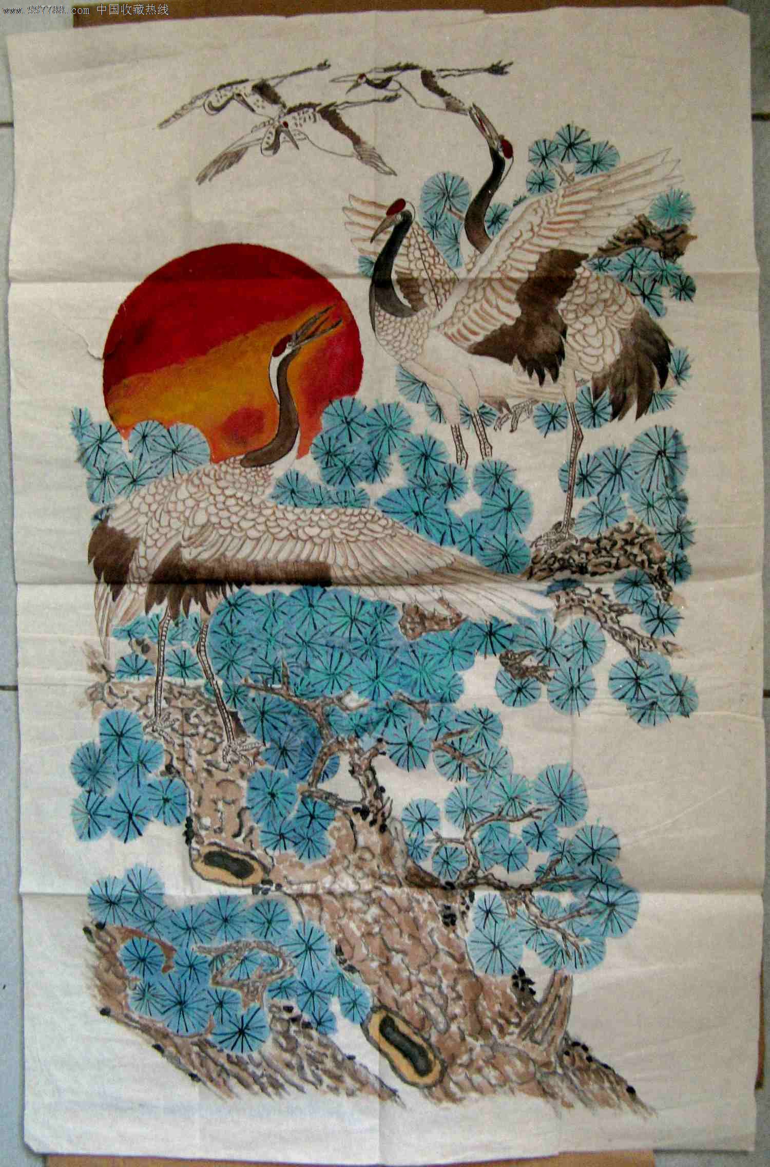 画得漂亮的无款小三尺条幅松鹤延年图,花鸟国画原作,松鹤画原画,水墨
