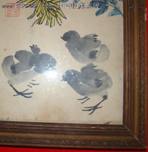 款识娄师白作白石钤印的小鸡花卉图