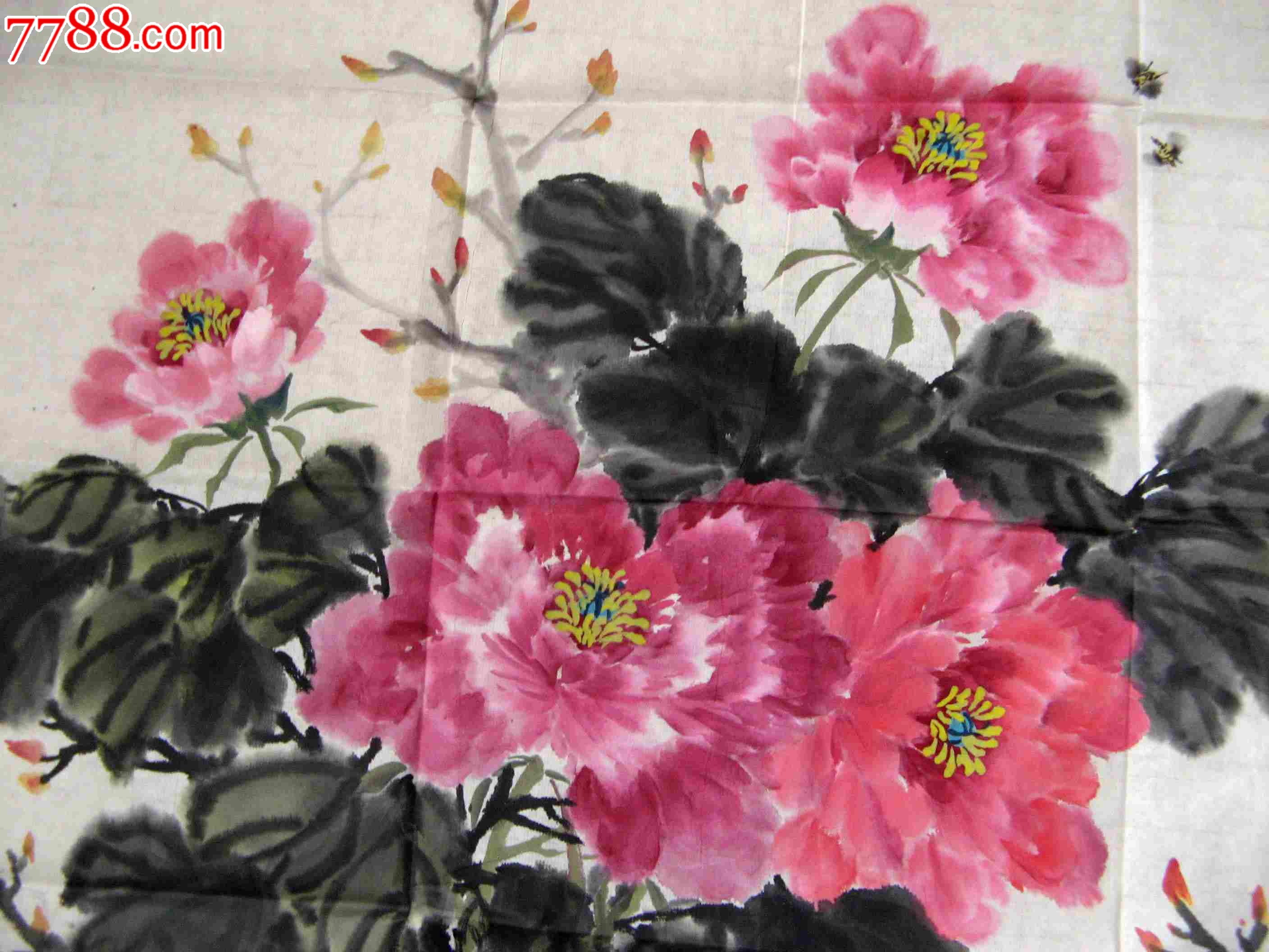 不错的三尺横幅无款牡丹画:蜂飞花香,花鸟国画原作,花卉画原画,水墨