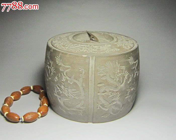 周坚制苏州澄泥双龙戏珠天落盖圆形鼓腹蟋蟀罐 蛐蛐罐-虫罐/虫盆-7788