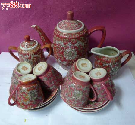 景德镇文革厂货15头粉彩红洋莲茶具咖啡具茶壶茶杯茶托盘_价格330元