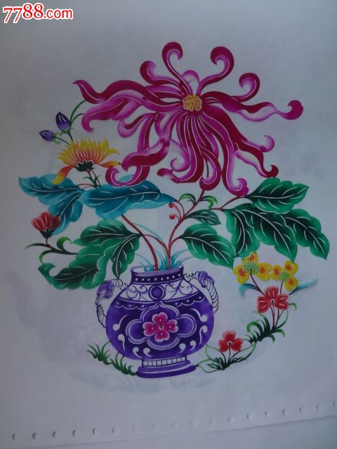 无裱,五彩套色,剪纸,菊图