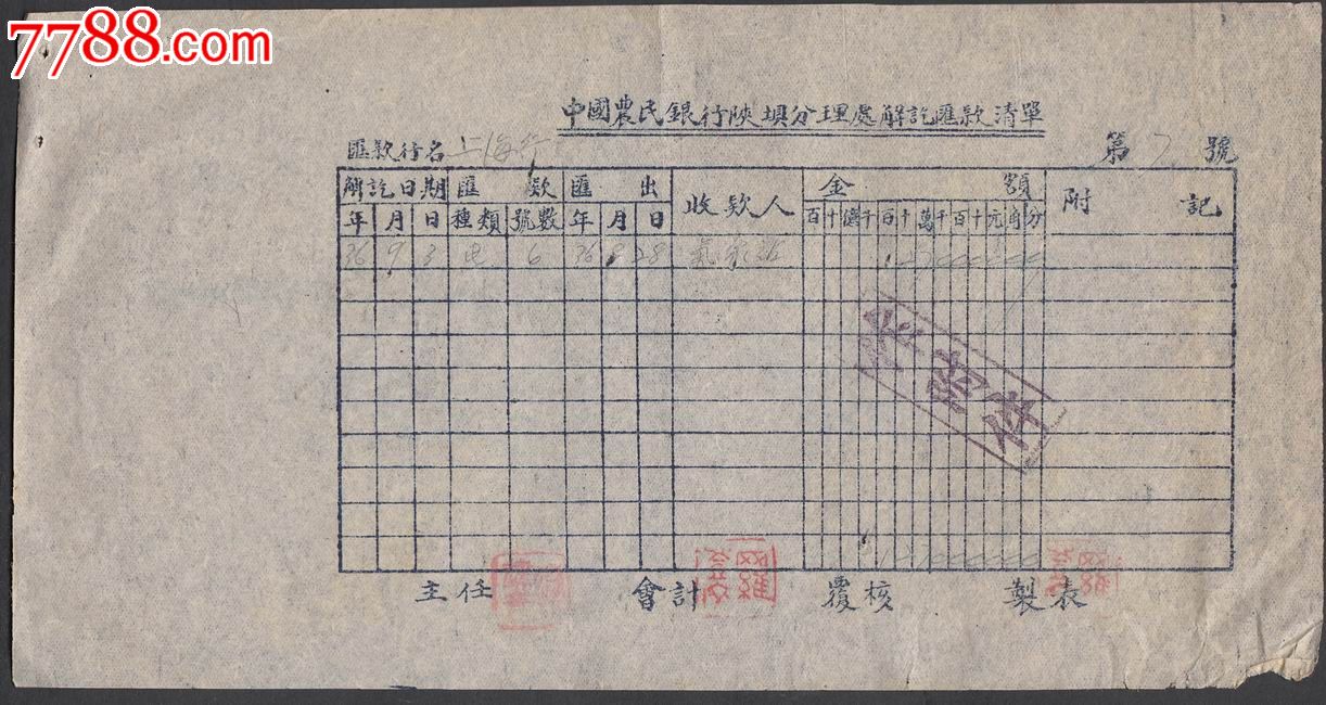 民国36年中国农民银行陕坝分理处解讫清单一件