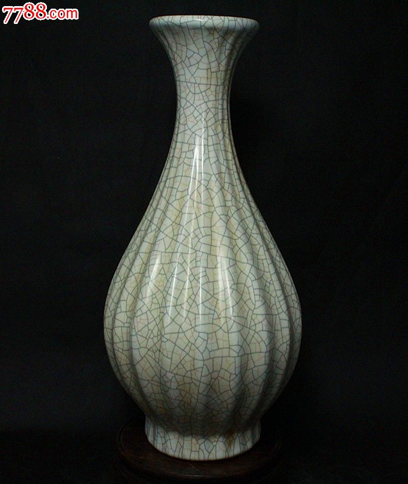 老旧货宋官窑开片瓜棱玉壶春瓶收藏