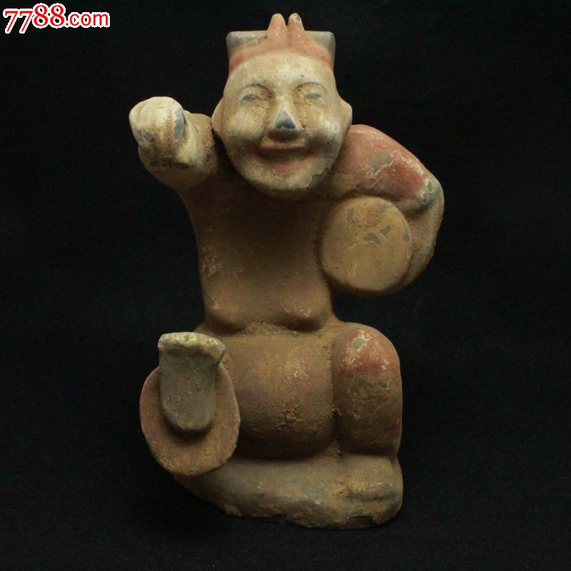 老瓷器唐代陶制人物彩色绘鼓击俑