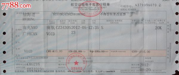 航空运输电子客票行程单(自南充至广州)
