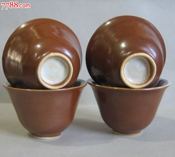 老瓷古瓷器清末外紫金釉内青花"金玉满堂"茶杯【成套好品相】