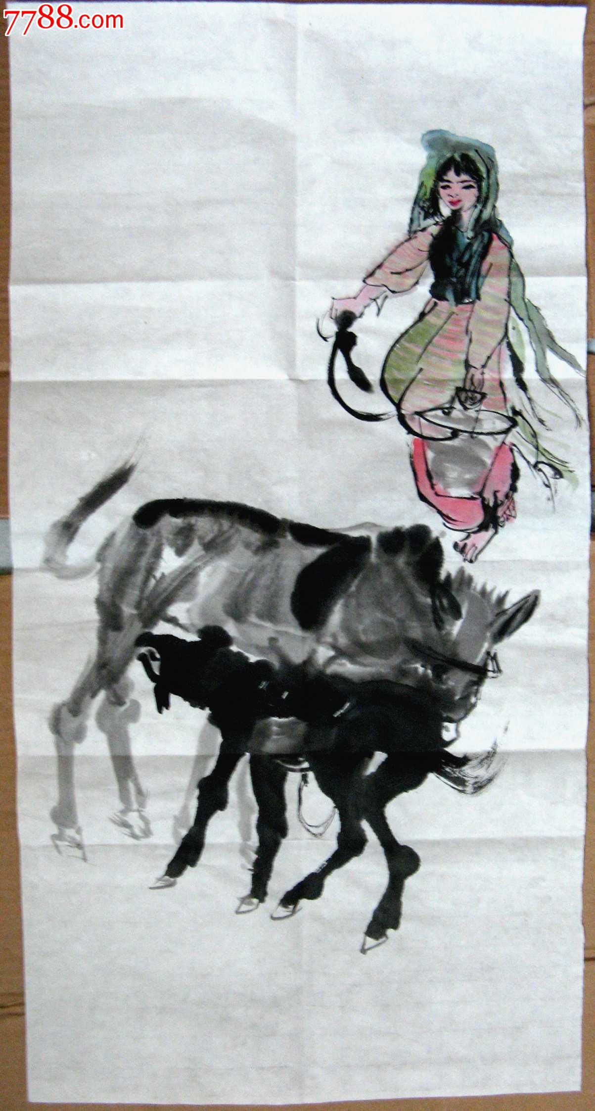 清新明快的二尺条幅无款人物画:维族女郎饲牧图