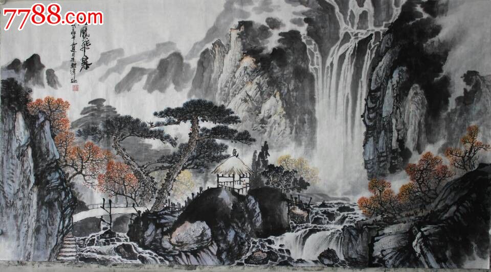 实力画家朱继伟六尺山水写意水墨画(松风飞瀑)1619寓意招财_价格元_第