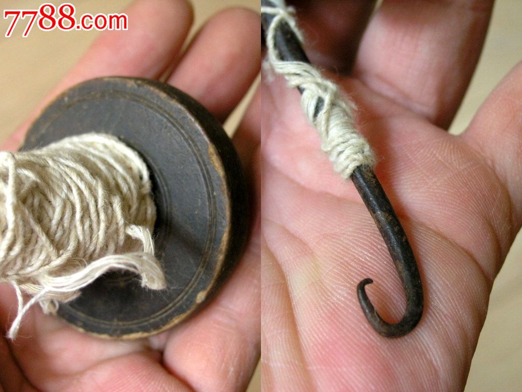 纺织工具收藏140602-民国边疆牛角板铁制线捻(捻线砣)