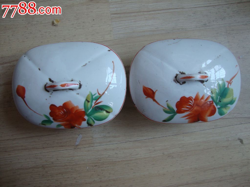 解放初期人工手绘牡丹花卉肥皂盒针线盒瓷盒一对包老保真