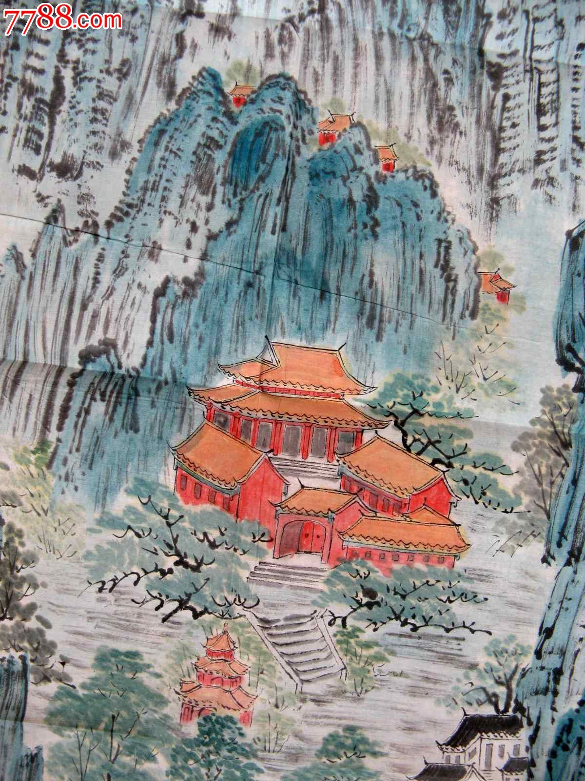 北京画家四尺开三条幅山水画《雄峰古庙》