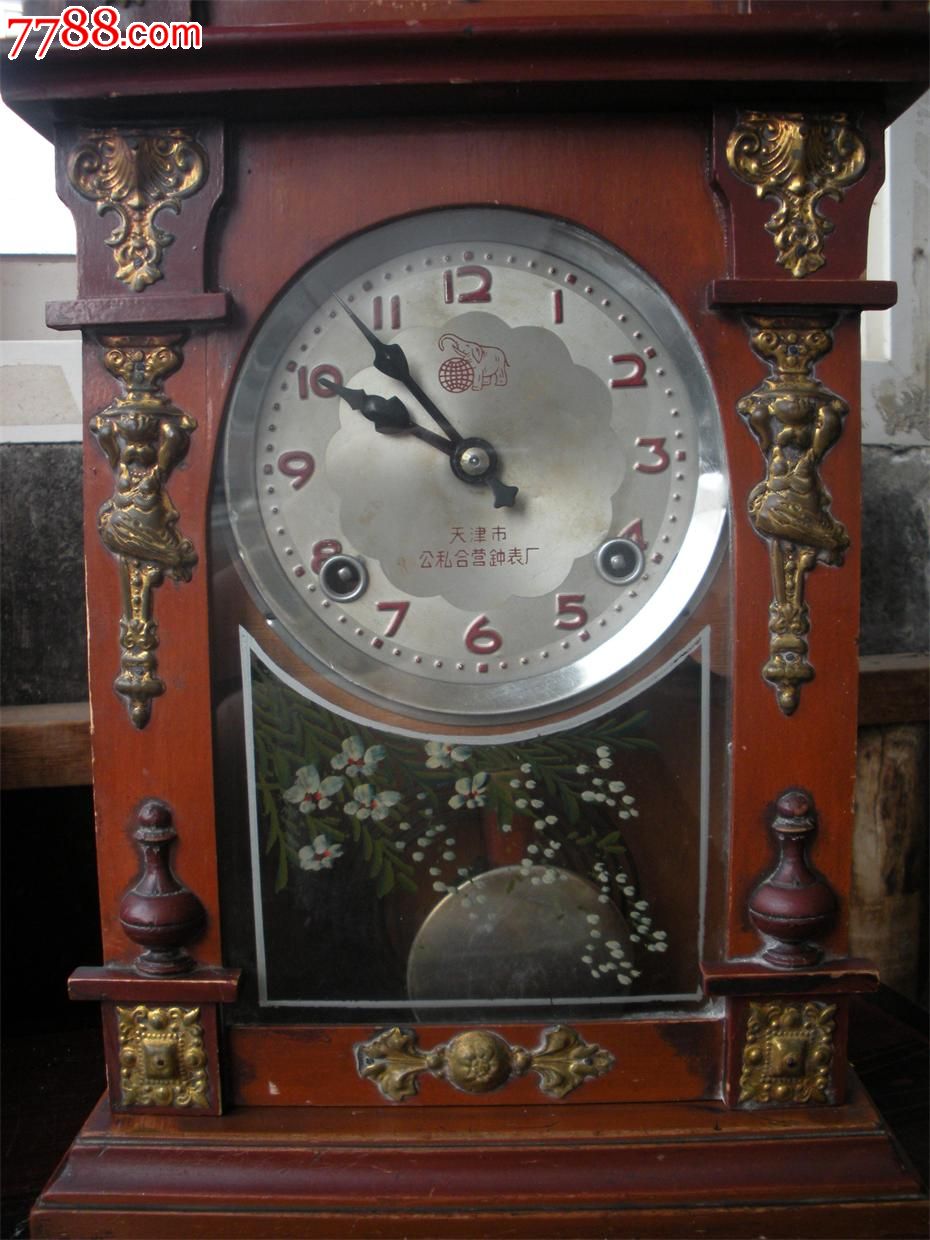 特价老古董座钟钟表马头钟公私合营天津钟表厂包老怀旧收藏玻璃画花卉
