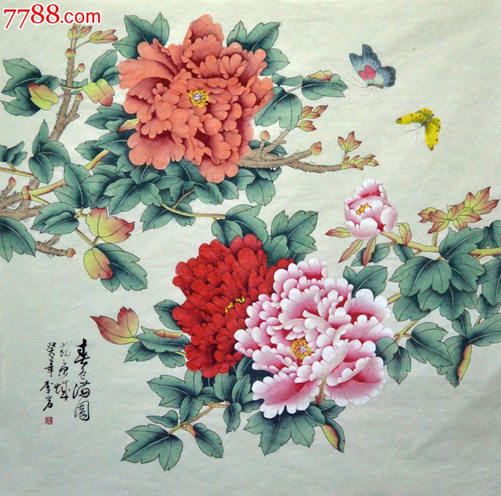 四尺斗方工笔牡丹《纯色满园》