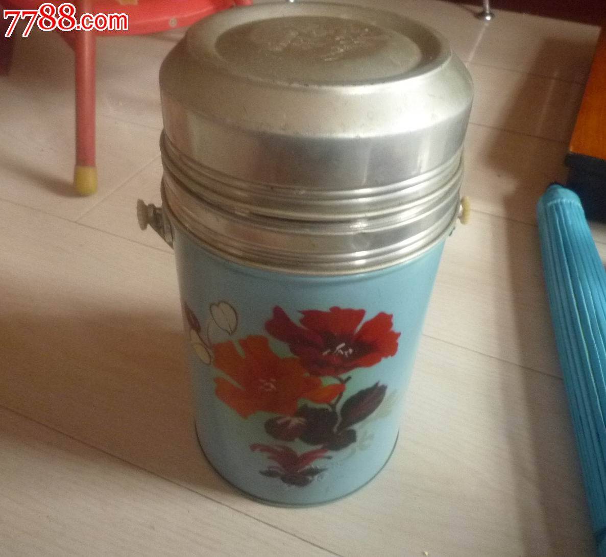 怀旧经典收藏七十年代雪山牌红色花卉蓝色保温冰棍桶