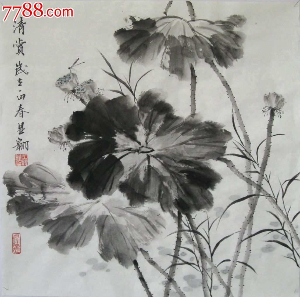 王显翱作品5【水墨荷三幅】50*50*3画芯【山水间画廊推荐】-花鸟国画